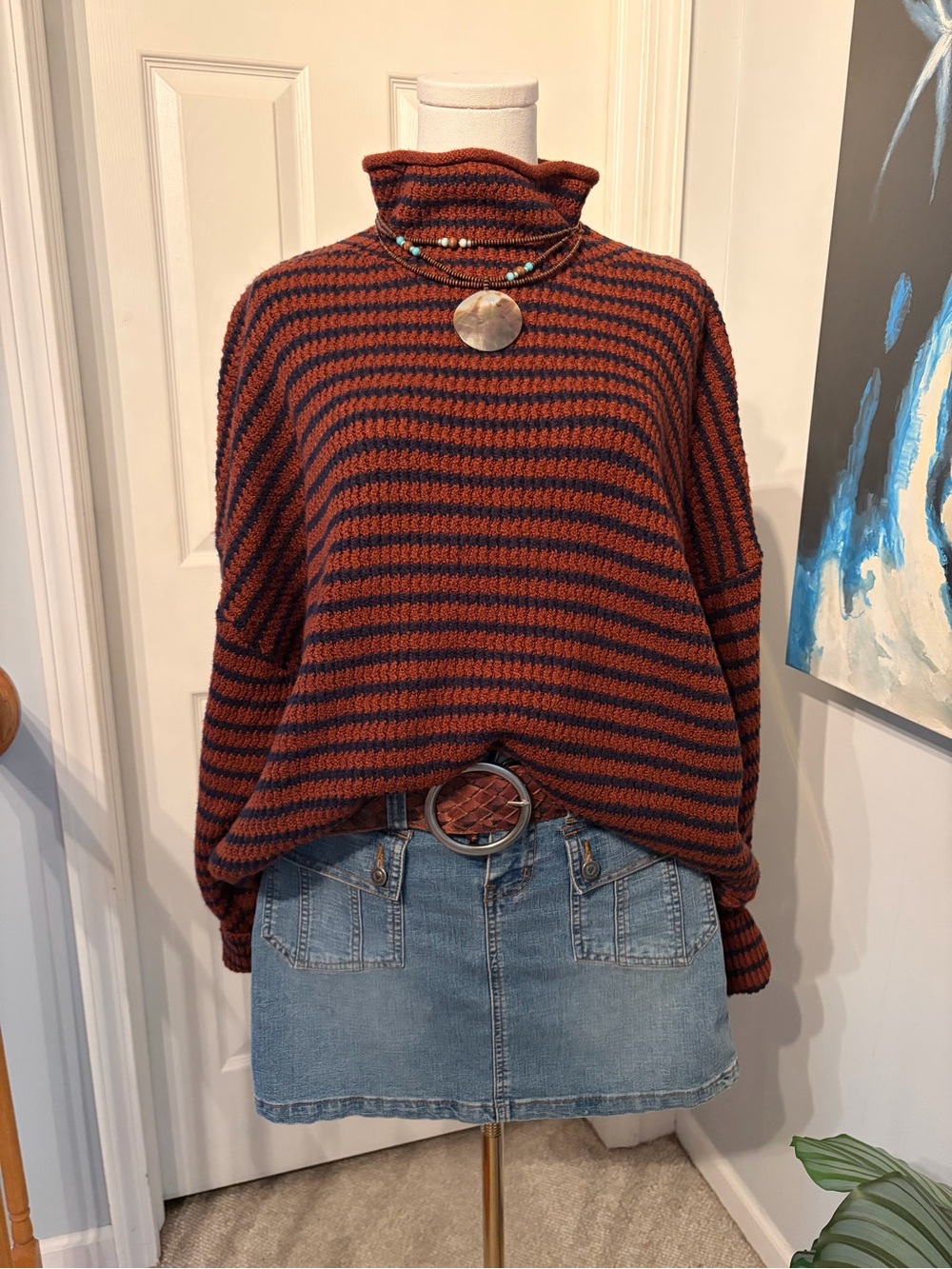 Time and Tru Rust and Black Striped Turtleneck Sweater